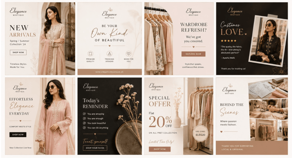 Social media feed designs for Elegance Boutique