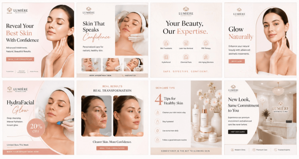 Social media post designs for aesthetic clinics and beauty brands